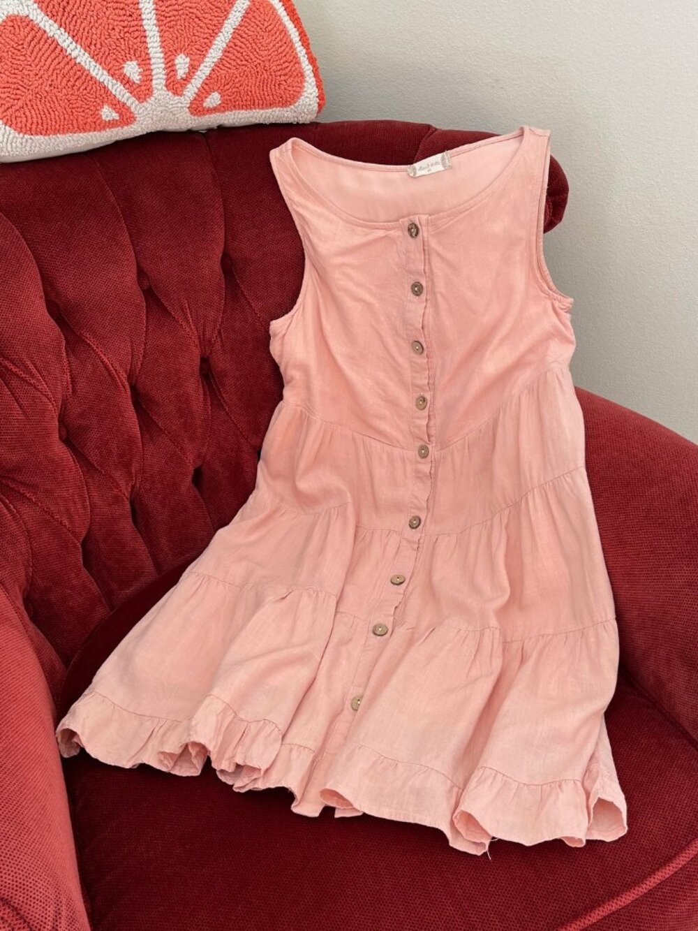 Altar'd State Linen Blend Salmon Pink Sleeveless Button Down Tiered Dress